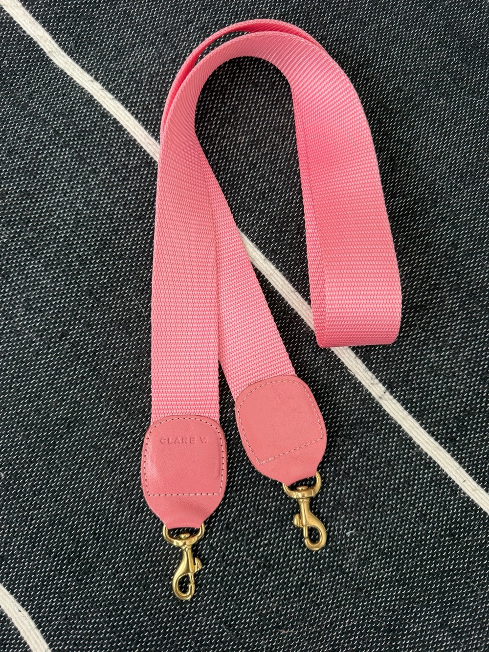 Clare V Pink Web Crossbody purse Strap with Gold toned brass Hardware.